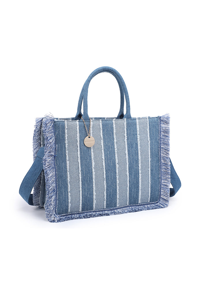 KASSANDRA Fringed Striped Denim Tote Bag
