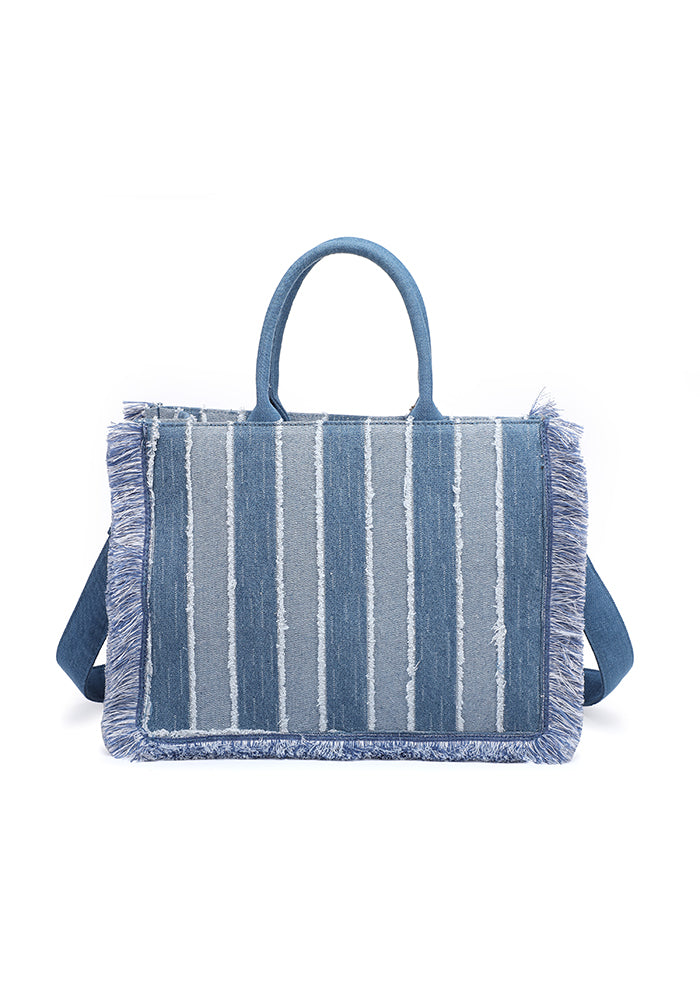 KASSANDRA Fringed Striped Denim Tote Bag