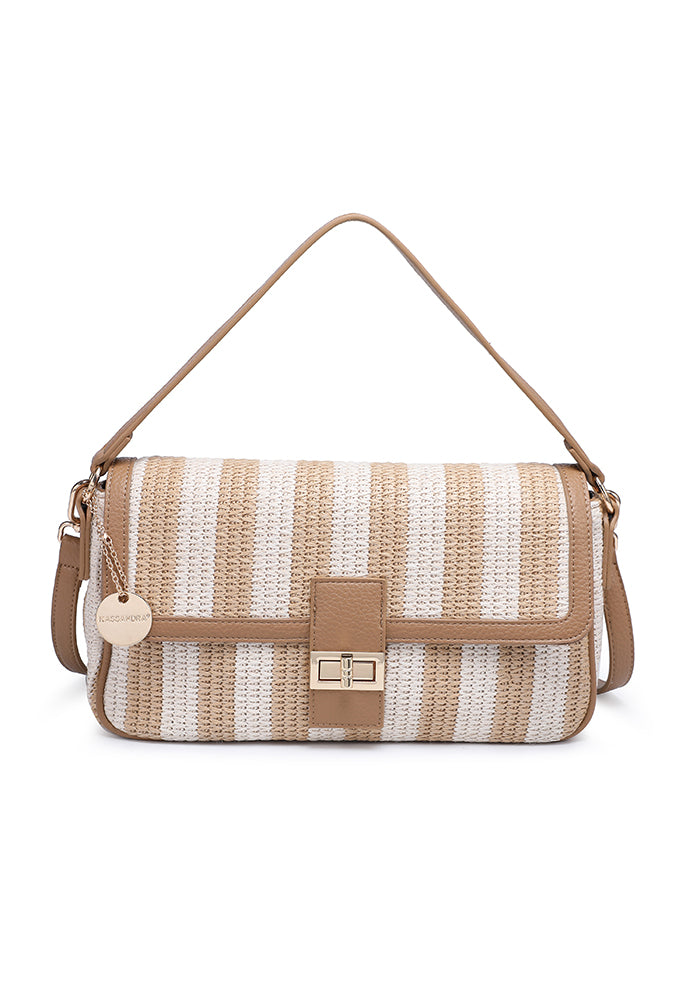 KASSANDRA Chic Striped Woven Shoulder Bag with Sophisticated Turn Lock Beige