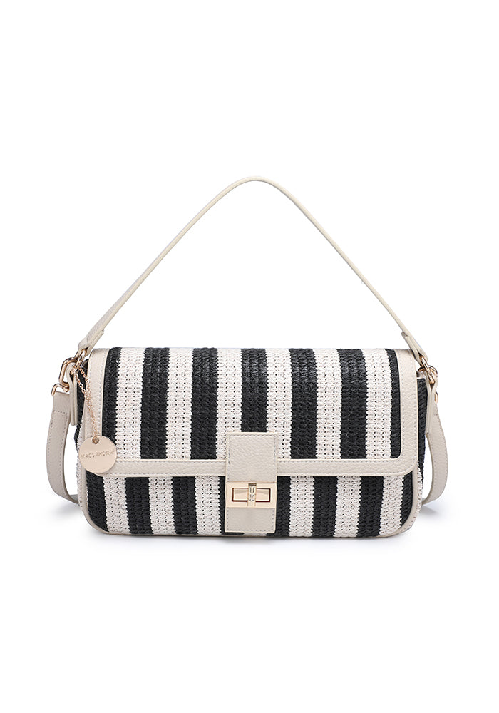KASSANDRA Chic Striped Woven Shoulder Bag with Sophisticated Turn Lock Black