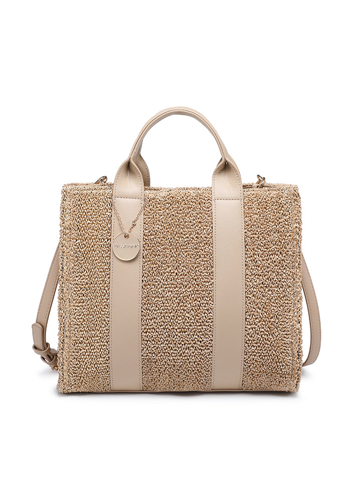 KASSANDRA Textured Bouclé Tote Bag with Leather Accents Beige