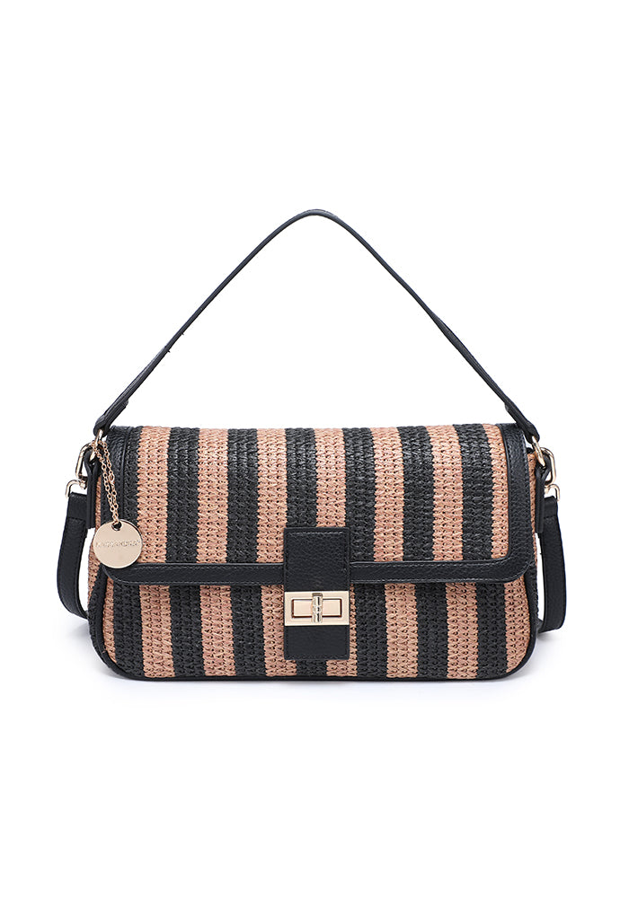 KASSANDRA Chic Striped Woven Shoulder Bag with Sophisticated Turn Lock Dark Brown