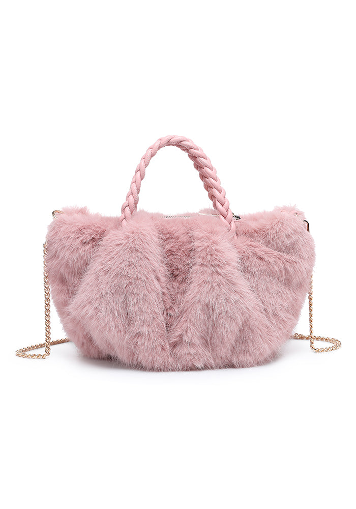 Faux Fur Braided-Handle Chain Tote
