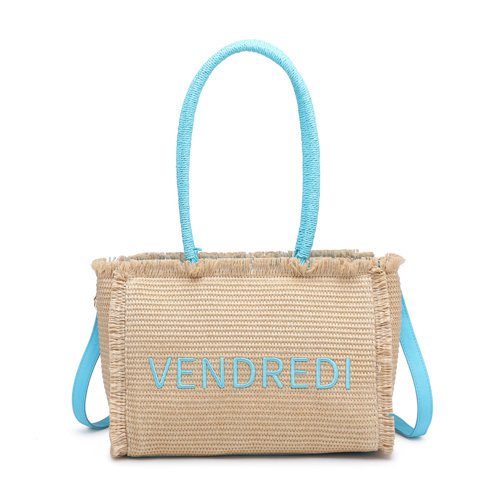 KASSANDRA The Ostuni – Embellished Straw Shopper Blue