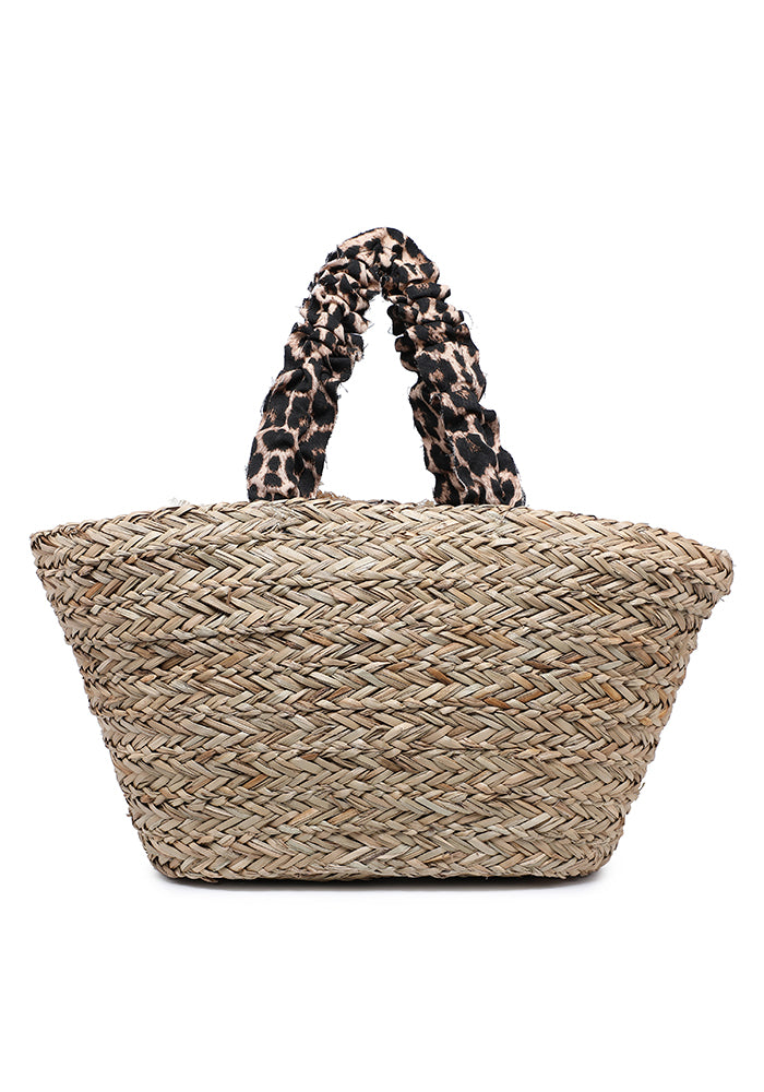 KASSANDRA Leopard Print Floral Straw Handbag