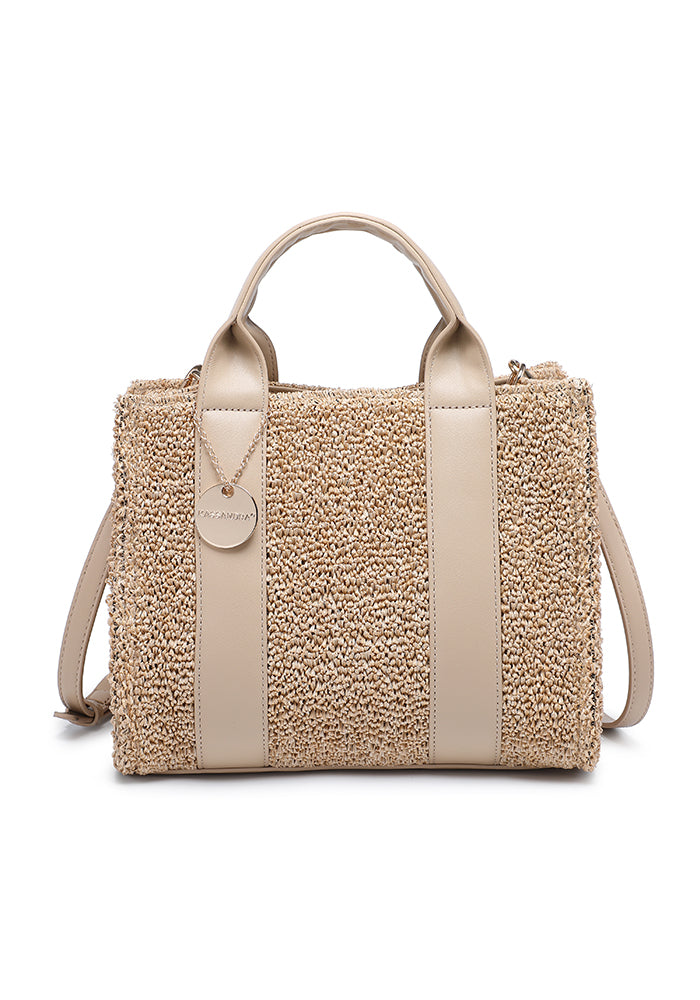KASSANDRA Chic Bouclé Mini Tote Bag with Leather Accents Beige