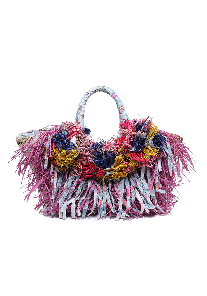 KASSANDRA The Corniglia – Floral Fringe Straw Tote Pink