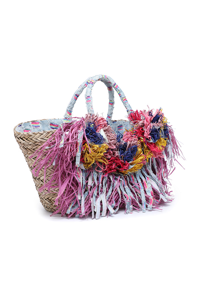 KASSANDRA Colorful Floral Fringe Straw Tote Bag