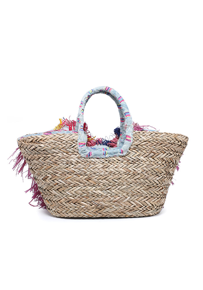 KASSANDRA Colorful Floral Fringe Straw Tote Bag