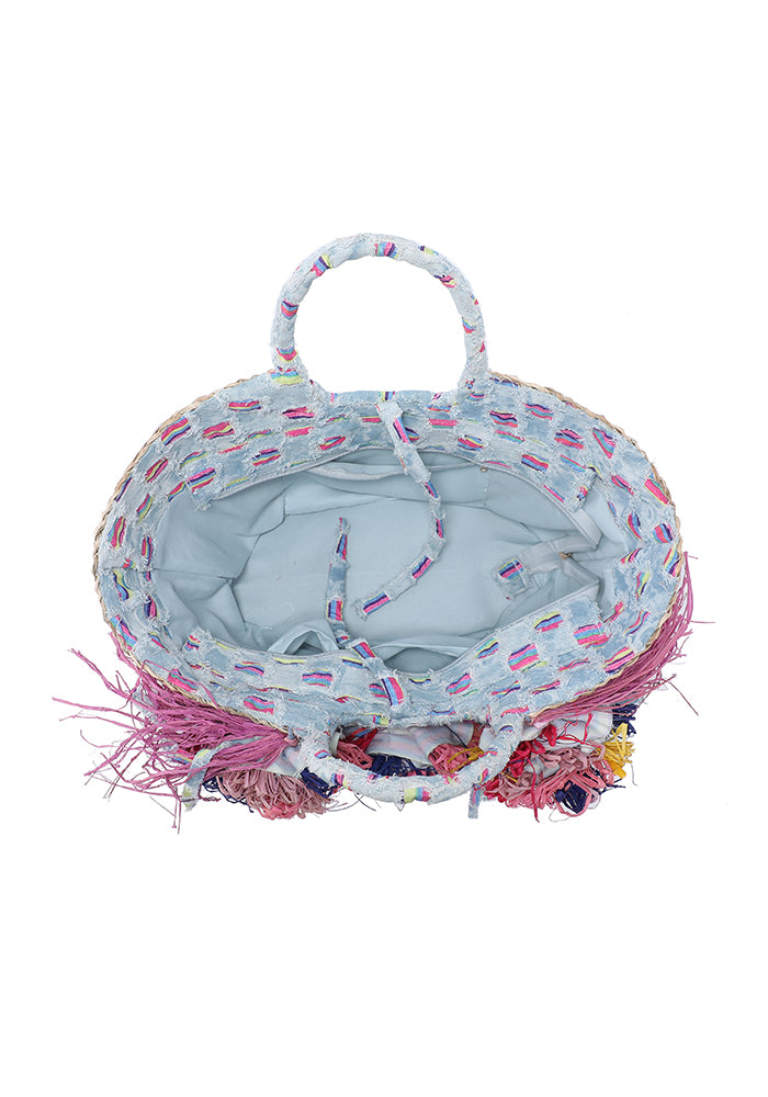 KASSANDRA Colorful Floral Fringe Straw Tote Bag