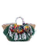 KASSANDRA Colorful Floral Fringe Straw Tote Bag Green