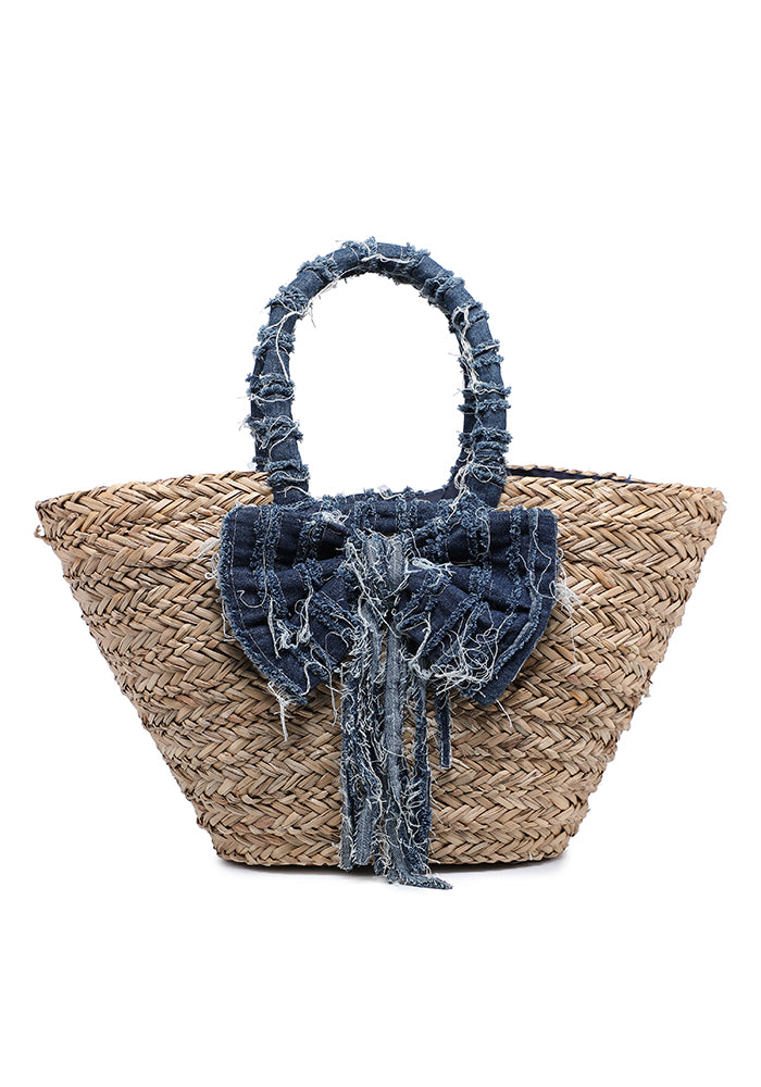 KASSANDRA Denim Bow Accent Straw Tote Bag Navy