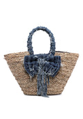 KASSANDRA Denim Bow Accent Straw Tote Bag Navy
