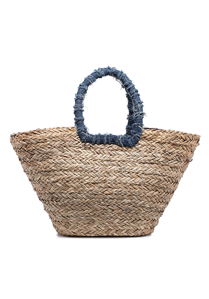 KASSANDRA Denim Bow Accent Straw Tote Bag