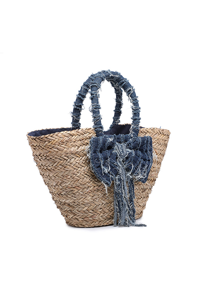 KASSANDRA Denim Bow Accent Straw Tote Bag