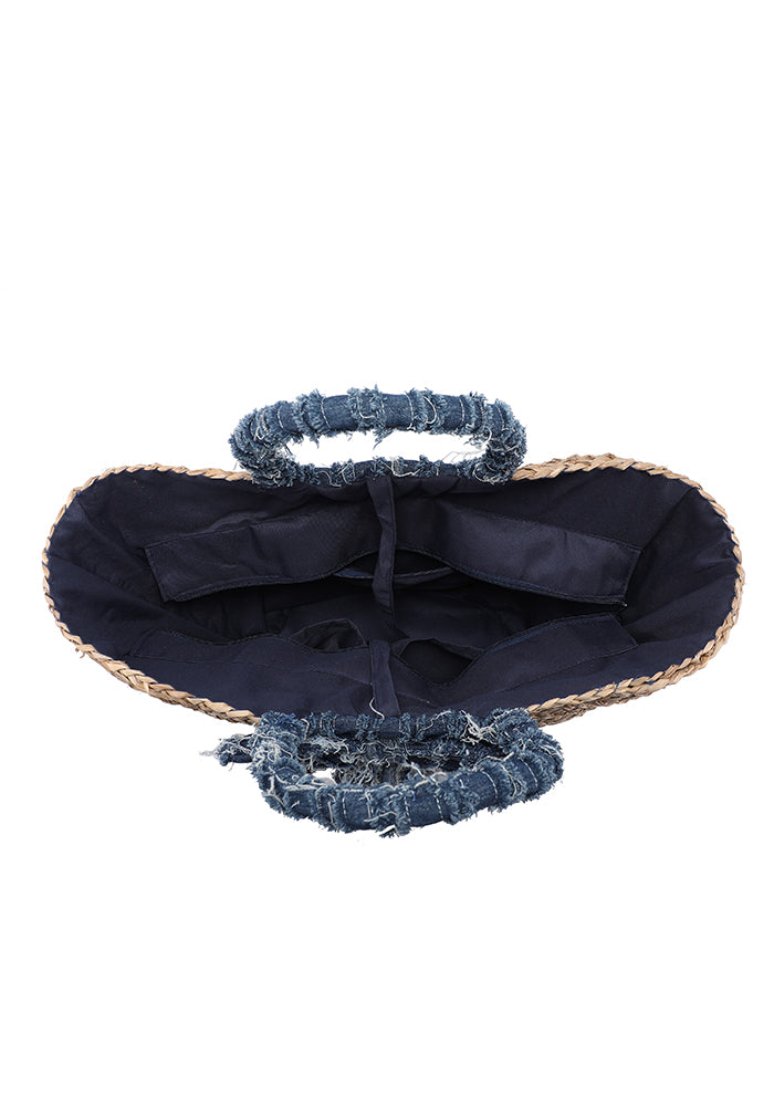 KASSANDRA Denim Bow Accent Straw Tote Bag