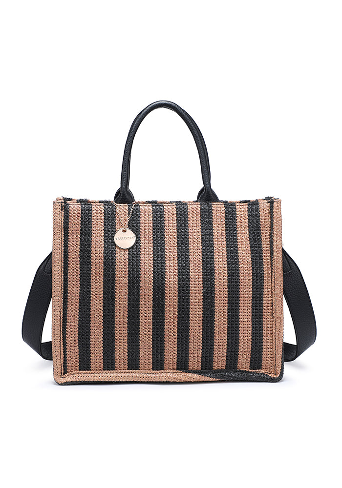 KASSANDRA Elegant Striped Woven Tote Bag Dark Brown