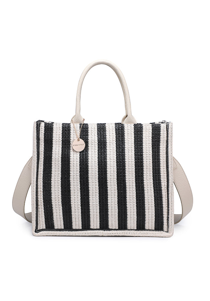 KASSANDRA Elegant Striped Woven Tote Bag Black