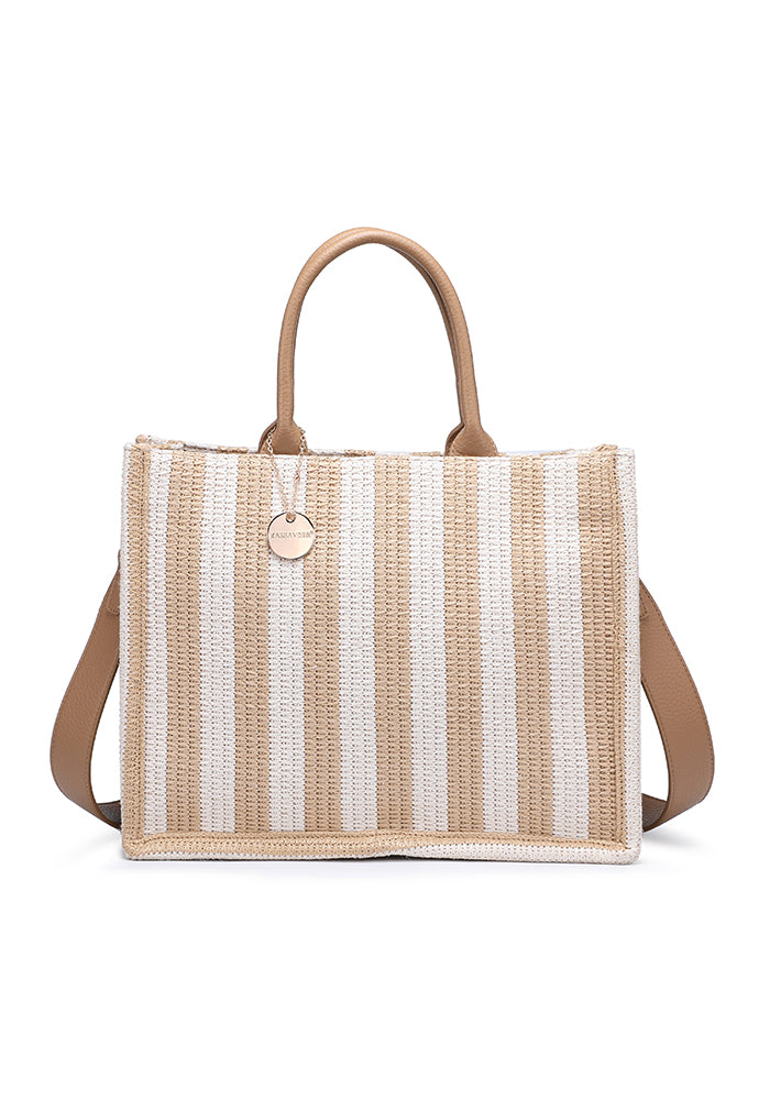 KASSANDRA Elegant Striped Woven Tote Bag Beige