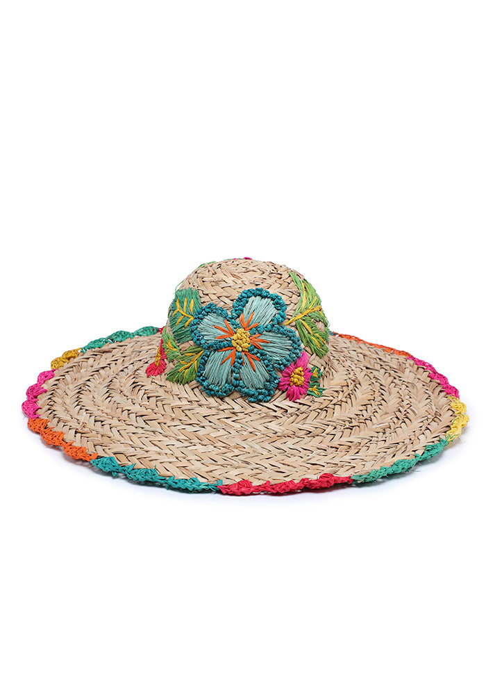 KASSANDRA Colorful Floral Embroidered Straw Hat Green