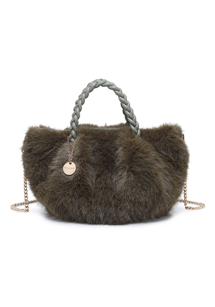 Faux Fur Braided-Handle Chain Tote