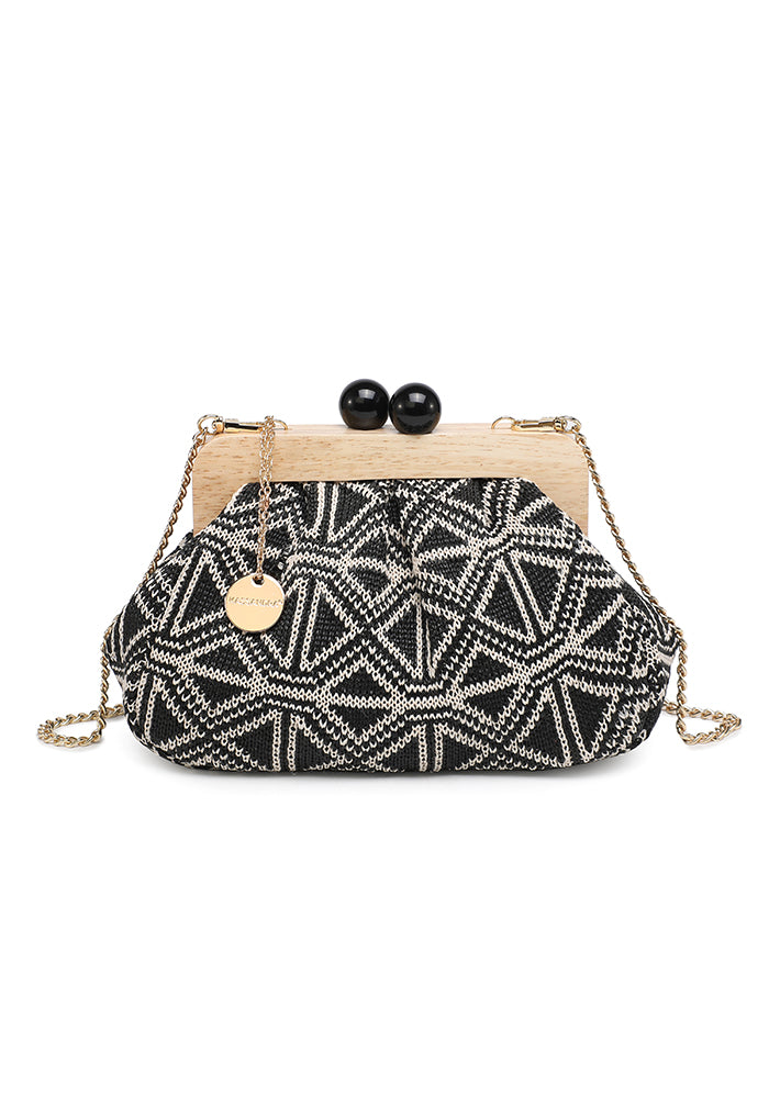 KASSANDRA Elegant Textured Fabric Clutch with Wooden Frame Black