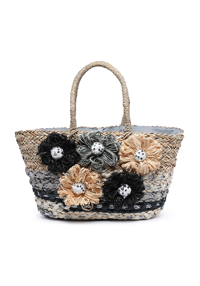 KASSANDRA Floral Embellished Straw Tote Bag Black
