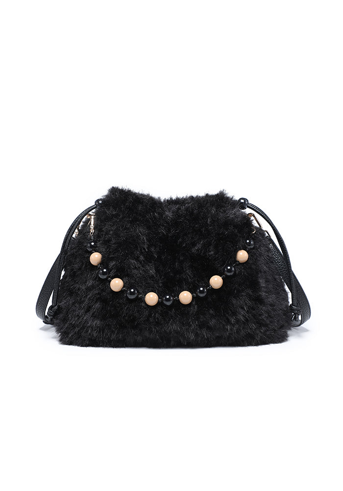 Teddy Bouclé Beaded-Handle Drawstring Shoulder Bag