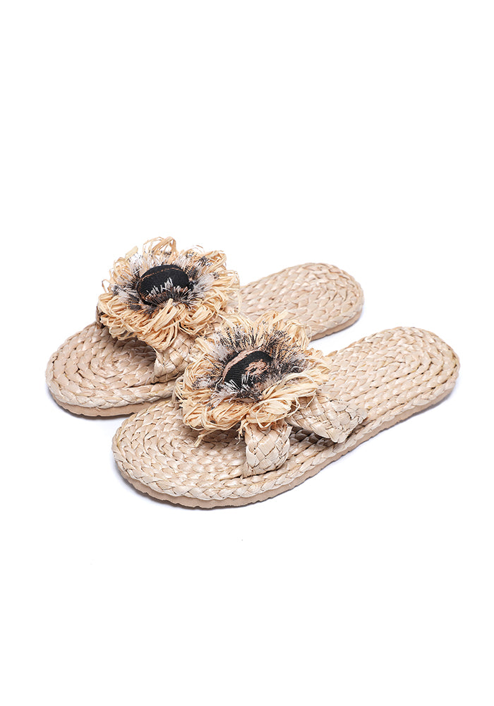 KASSANDRA Boho Chic Floral Raffia Slides White