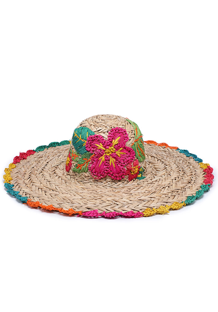 KASSANDRA Colorful Floral Embroidered Straw Hat Pink