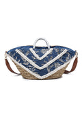 KASSANDRA Exquisite Blue Pearl and Sequin Embroidered Straw Beach Tote Bag Navy
