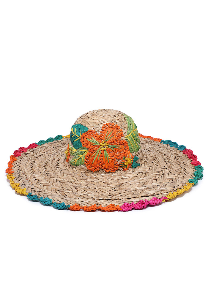 KASSANDRA Colorful Floral Embroidered Straw Hat Orange
