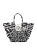 KASSANDRA Multi-Color Striped Straw Tote Bag with Floral Accent Black