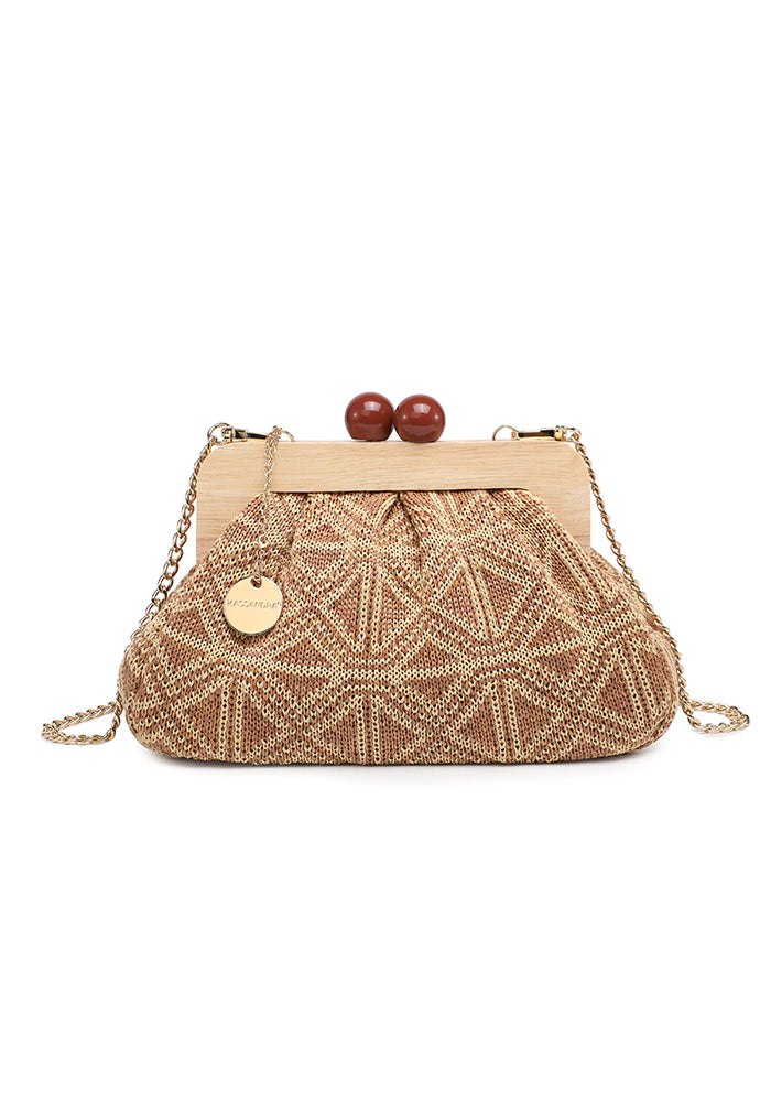 KASSANDRA Elegant Textured Fabric Clutch with Wooden Frame Taupe