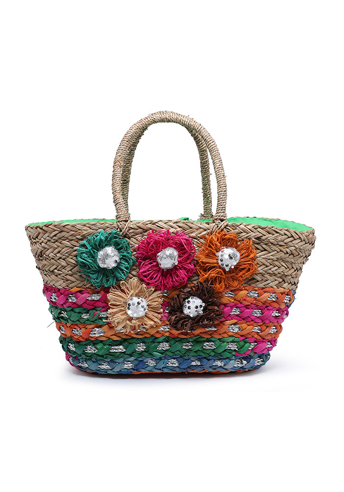 KASSANDRA Floral Embellished Straw Tote Bag Red