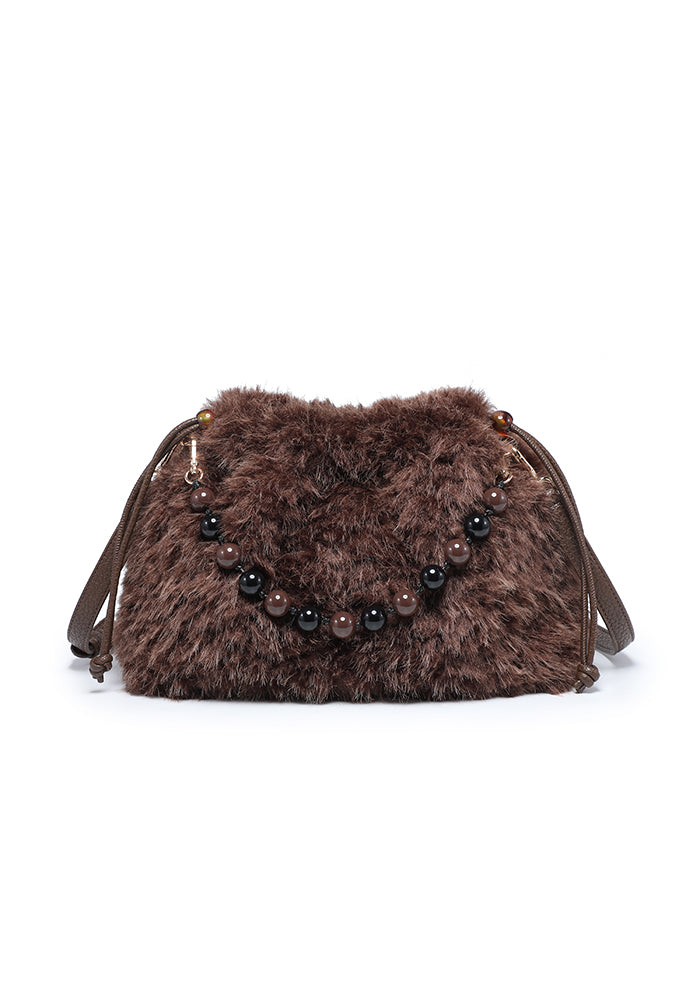 Borsa a tracolla con coulisse e manici in perline Teddy Bouclé