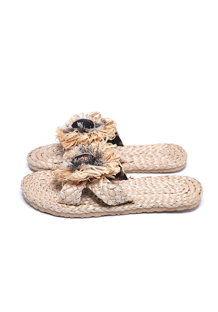 KASSANDRA Boho Chic Floral Raffia Slides