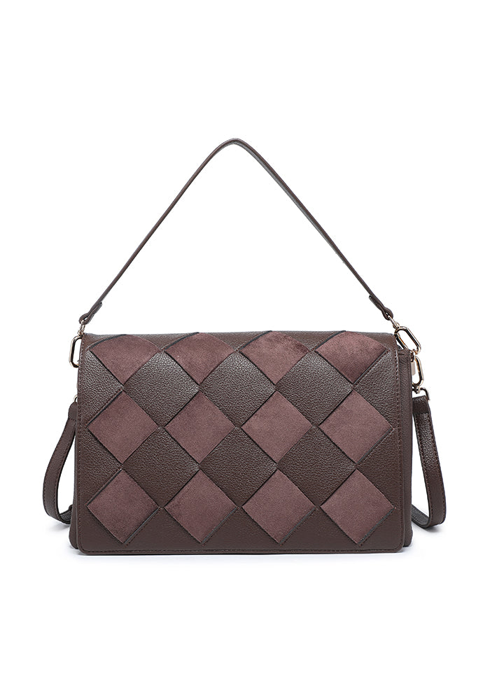 Woven Patchwork Accordion Flap Shoulder Bag