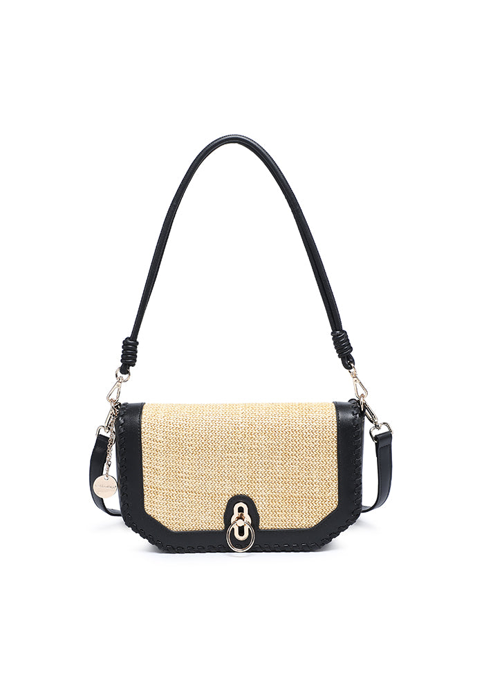 KASSANDRA Woven Flap Shoulder Bag with Contrast Trim Black