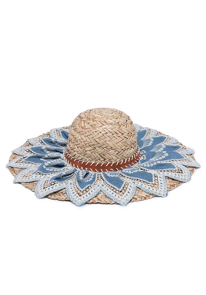KASSANDRA Chic Floral Lace Trimmed Straw Hat