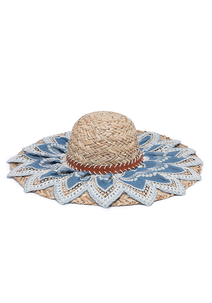 KASSANDRA Chic Floral Lace Trimmed Straw Hat Navy