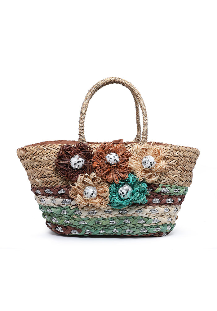 KASSANDRA Floral Embellished Straw Tote Bag Dark Brown