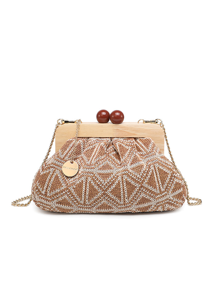KASSANDRA Elegant Textured Fabric Clutch with Wooden Frame Beige