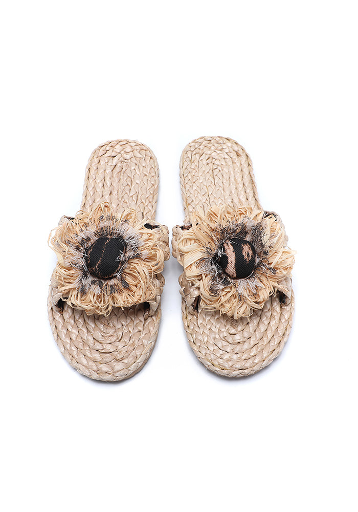 KASSANDRA Boho Chic Floral Raffia Slides