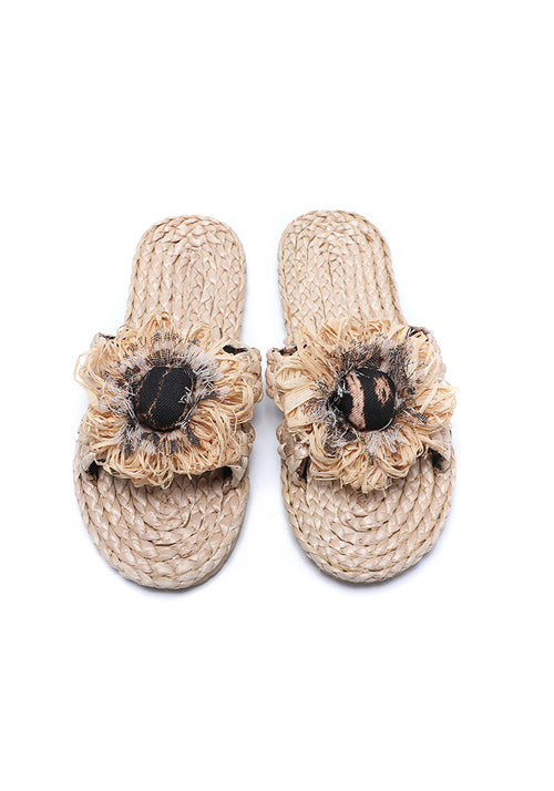KASSANDRA Boho Chic Floral Raffia Slides