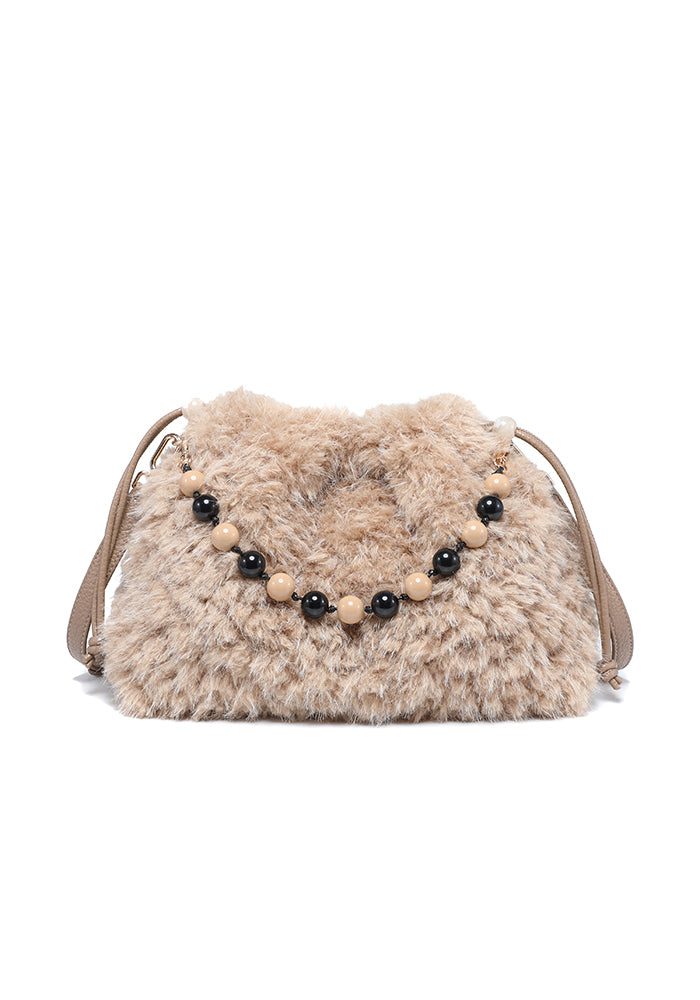 Teddy Bouclé Beaded-Handle Drawstring Shoulder Bag