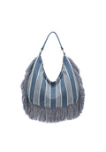 KASSANDRA Fringe Denim Hobo Bag with Striped Design Beige