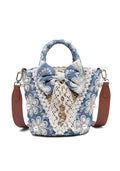 KASSANDRA Chic Blue Denim Floral Lace Bucket Bag Navy