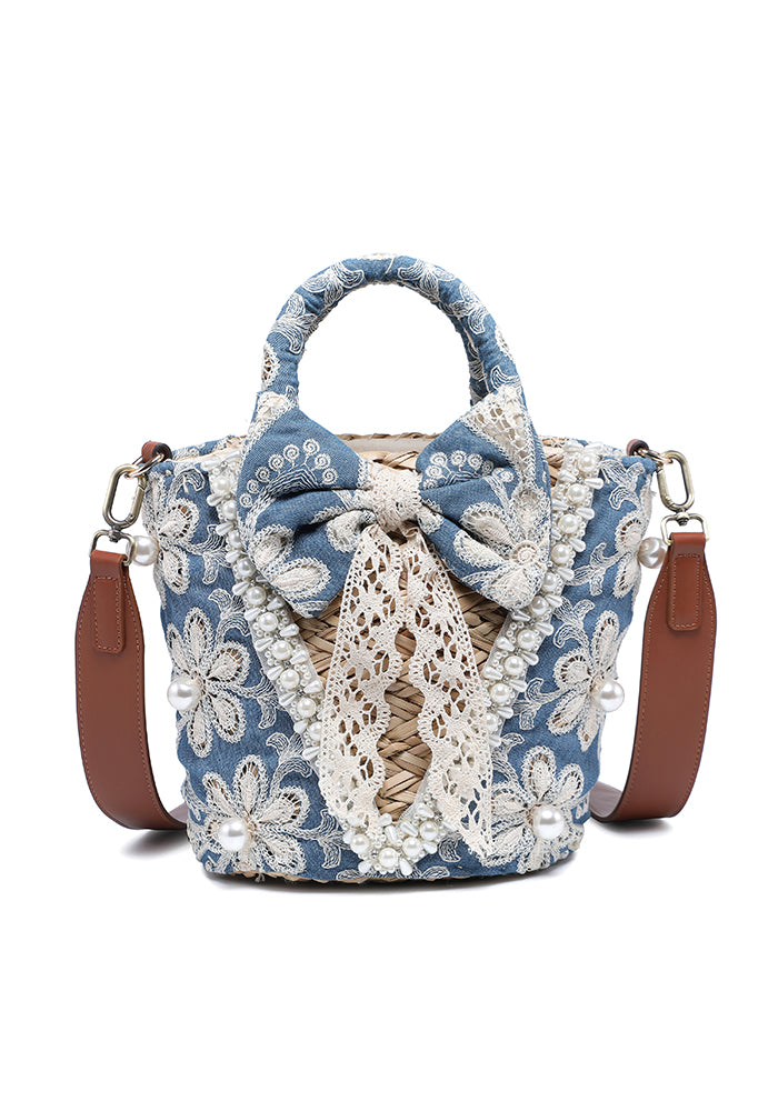 KASSANDRA Chic Blue Denim Floral Lace Bucket Bag Navy