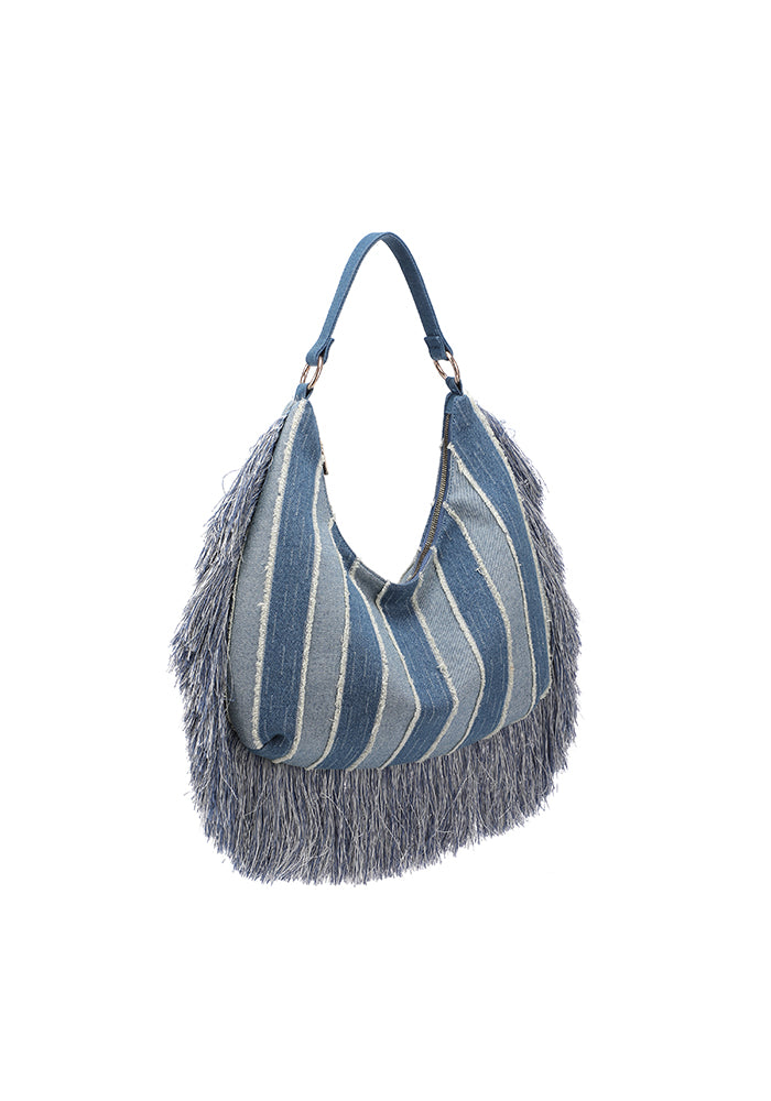 KASSANDRA Fringe Denim Hobo Bag with Striped Design